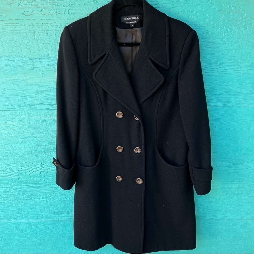VINTAGE 100% WOOL BLACK MIDI PEACOAT TRENCH COAT SIZE 12 EUC
